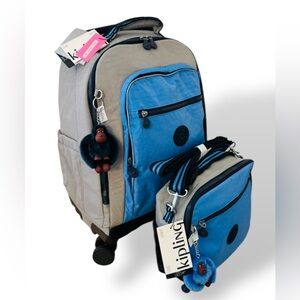 Kipling New Zea 15" Laptop Rolling Backpack & Ermy Lunch Food Bag Bright Sky
